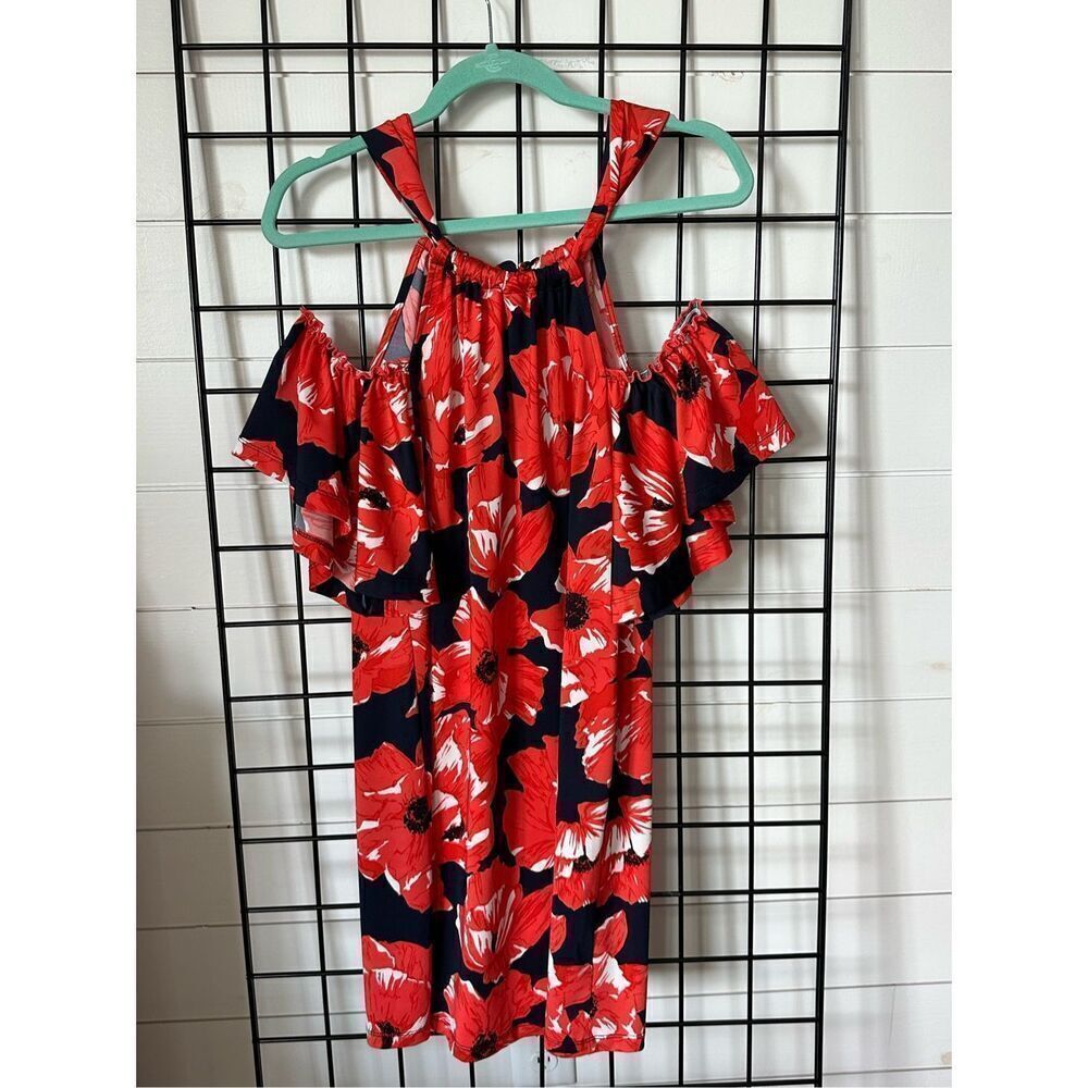 Trina by Trina Turk Poppy Cold Shoulder Dress Womens XS Navy Red Coastal Wedding